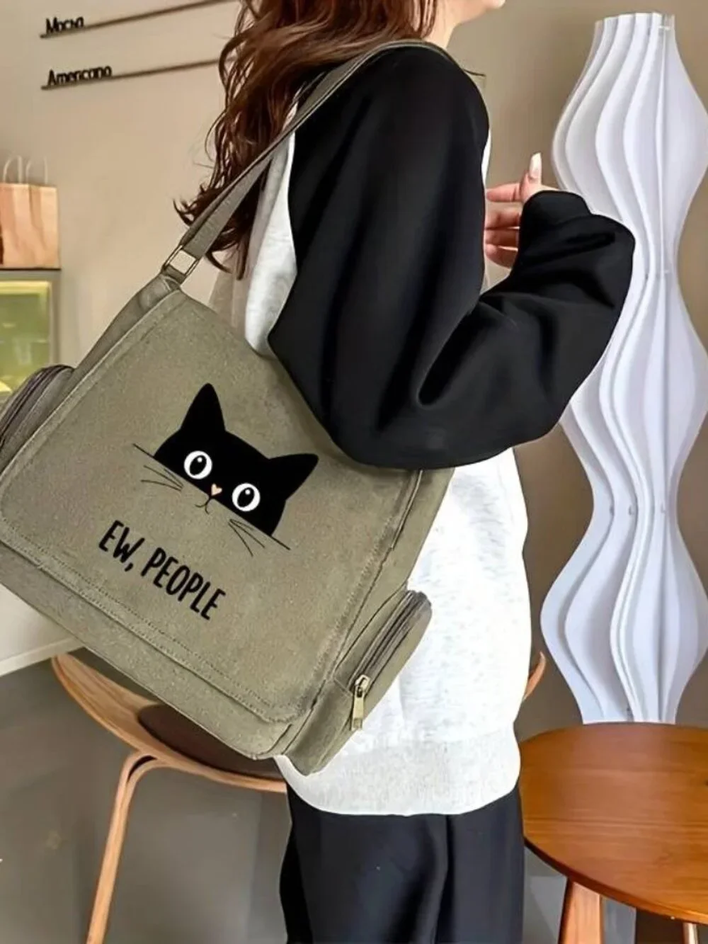 Green Black Cat Messenger Bag Crossbody Shoulder Bag Multi Pocket